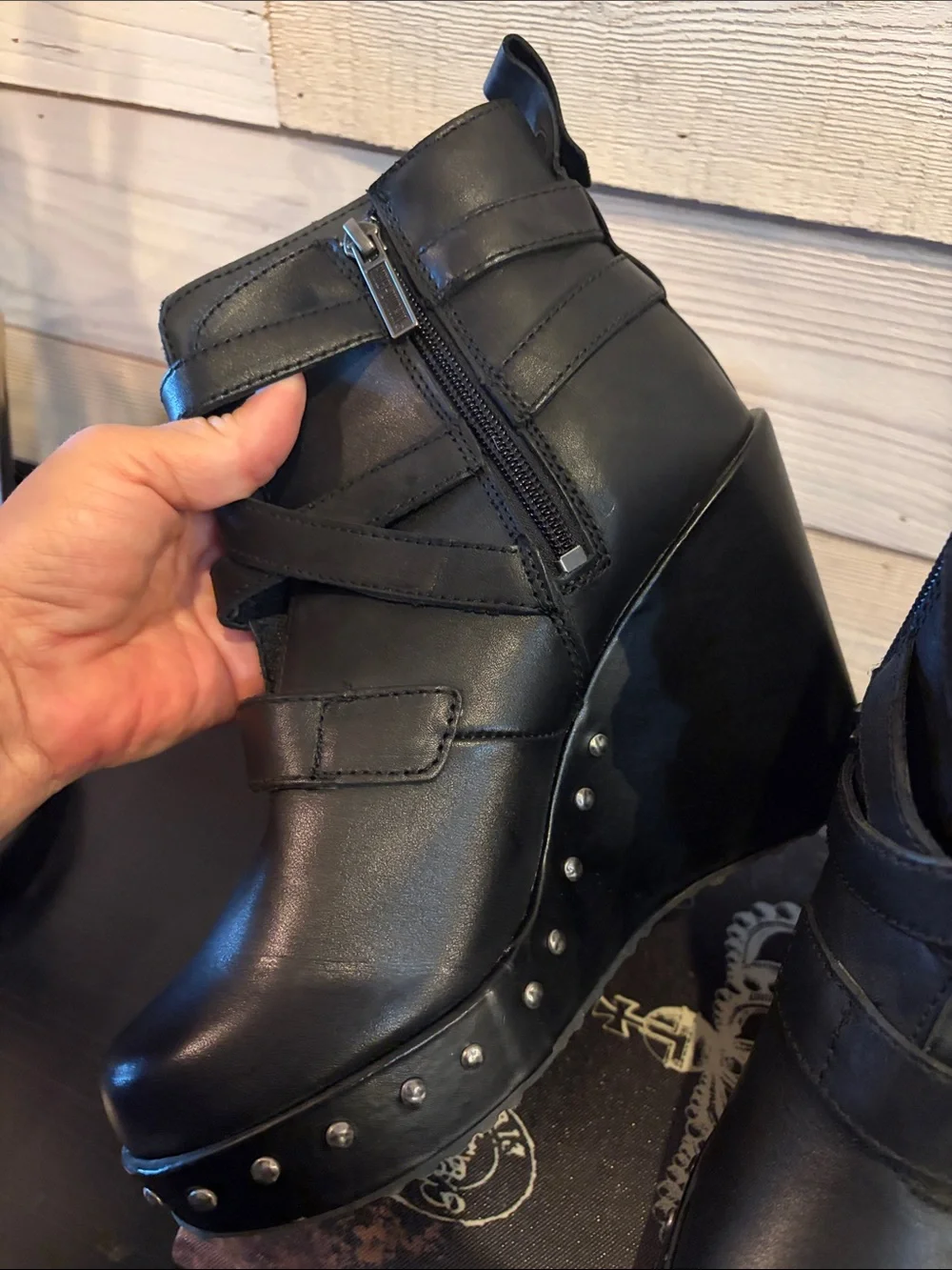 Harley-Davidson Black Leather Wedge Booties with Studded Platform and Buckles